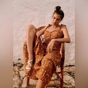 Sezane Nella Polka Dot Pleated Midi Dress 36 Brown White Tie Straps Chic